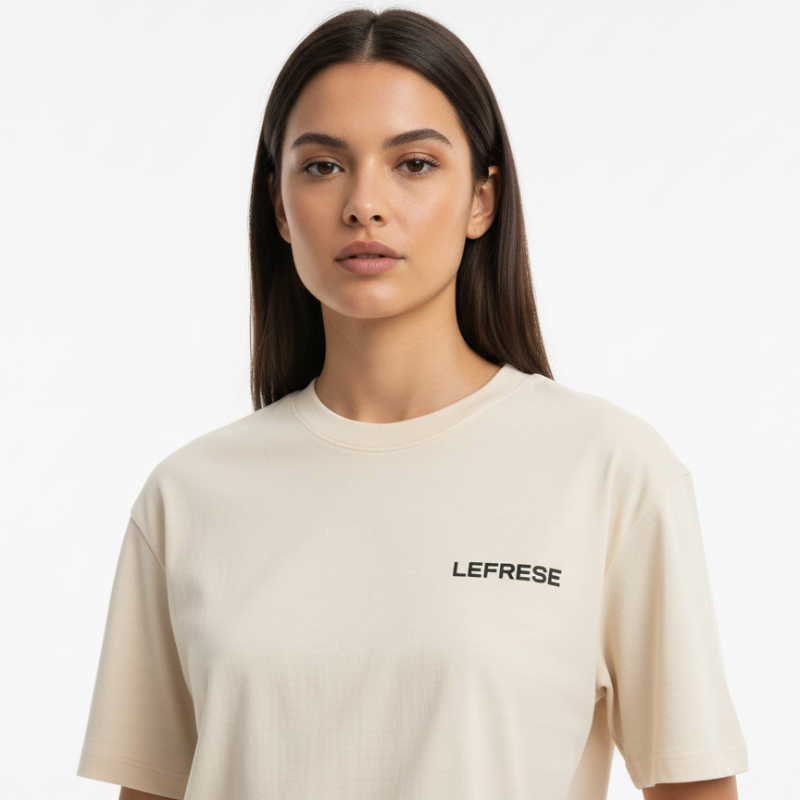 Lefrese Creme T-shirt closeup studio model